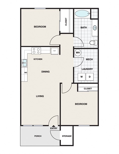A floor plan of a 1 story apartment with a bedroom and a living room